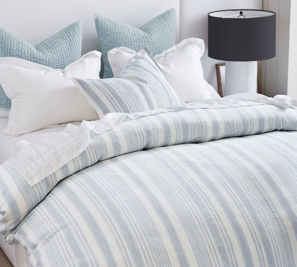 Hawthorn Stripe Cotton Quilt Cover & Pillowcases Blue Pottery Barn